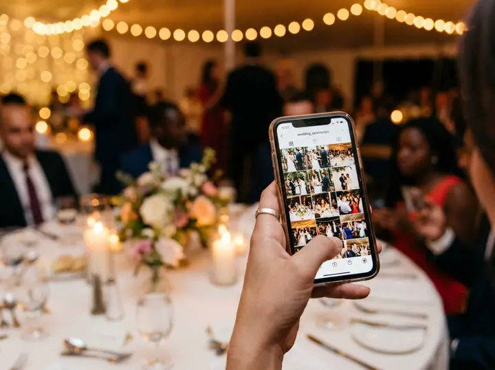 A phone showing a wedding gallery