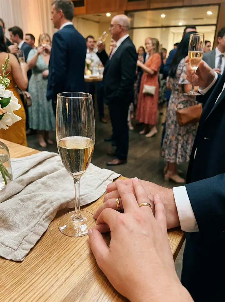 The couple's hands with rings next to champagne