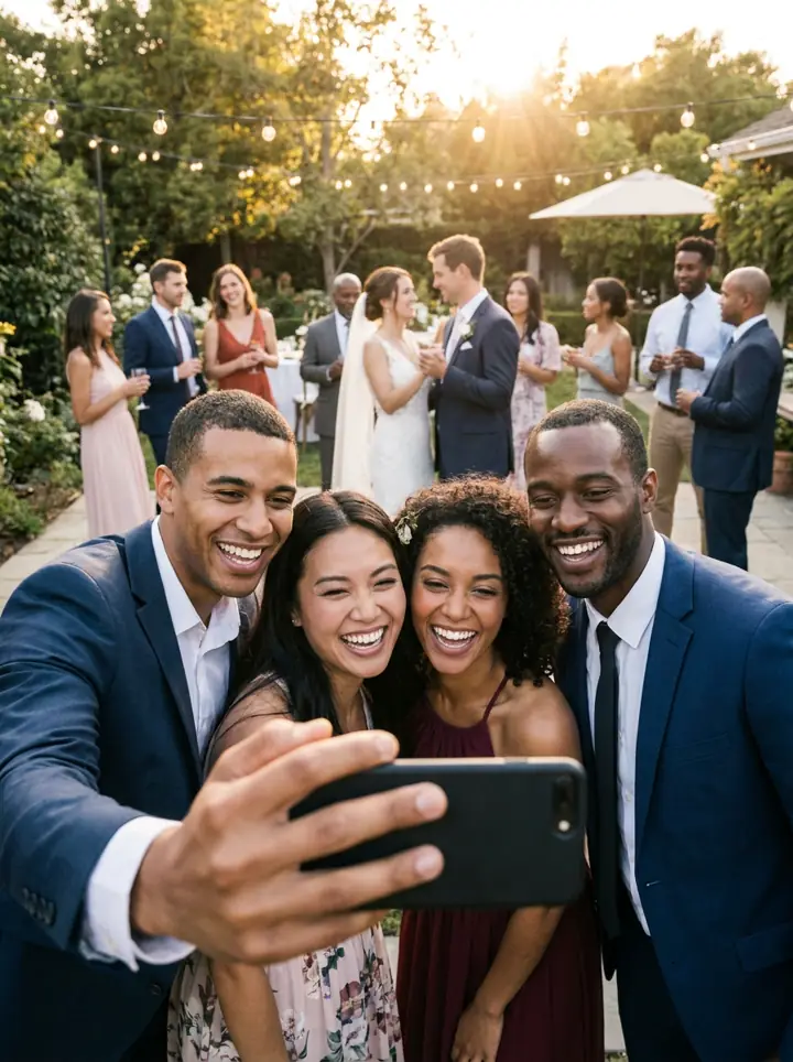 Four friends taking a selfie with the couple behind them