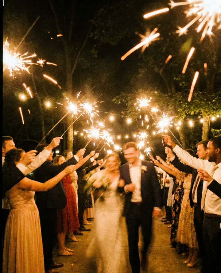 The couple running through a sparkler arch